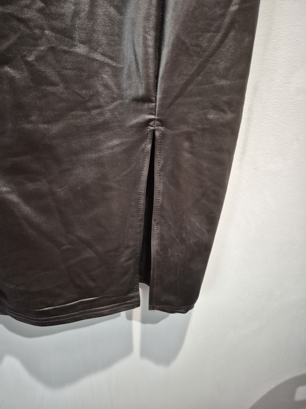 Sleek Black Faux-Leather Sheath Dress with Mesh Yoke Size Large - Picture 7 of 10